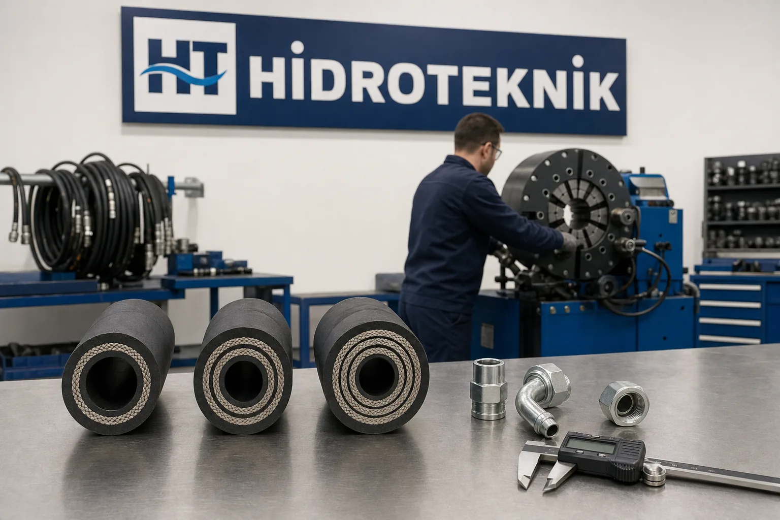 Kesilmiş üç hidrolik hortum ucu tezgâhta yan yana: tek çelik örgülü, çift örgülü ve dört katmanlı spiral; arkada hortum presleme makinesi