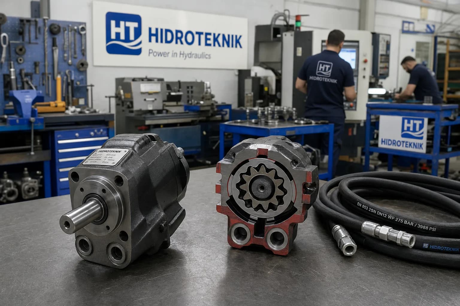 Tezgâhta orbit hidromotor ve yanında iç gerotor takımını gösteren kesit; çevrede preslenmiş hidrolik hortumlar