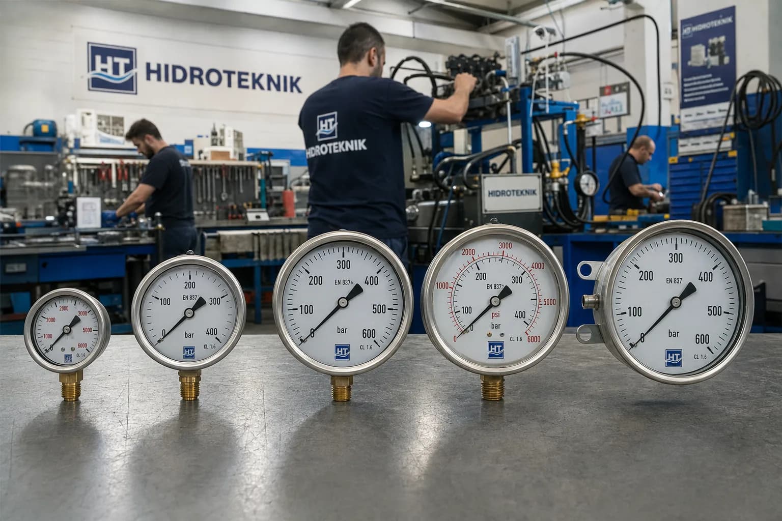 Farklı kadran çaplarında manometreler yan yana: kuru ve gliserinli tipler, alt ve arka bağlantılı gövdeler